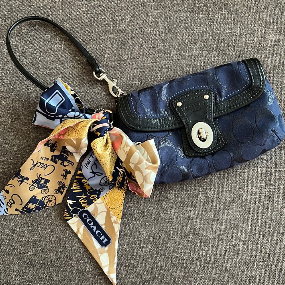 Navy Blue Signature C Coach Wristlet with Bow